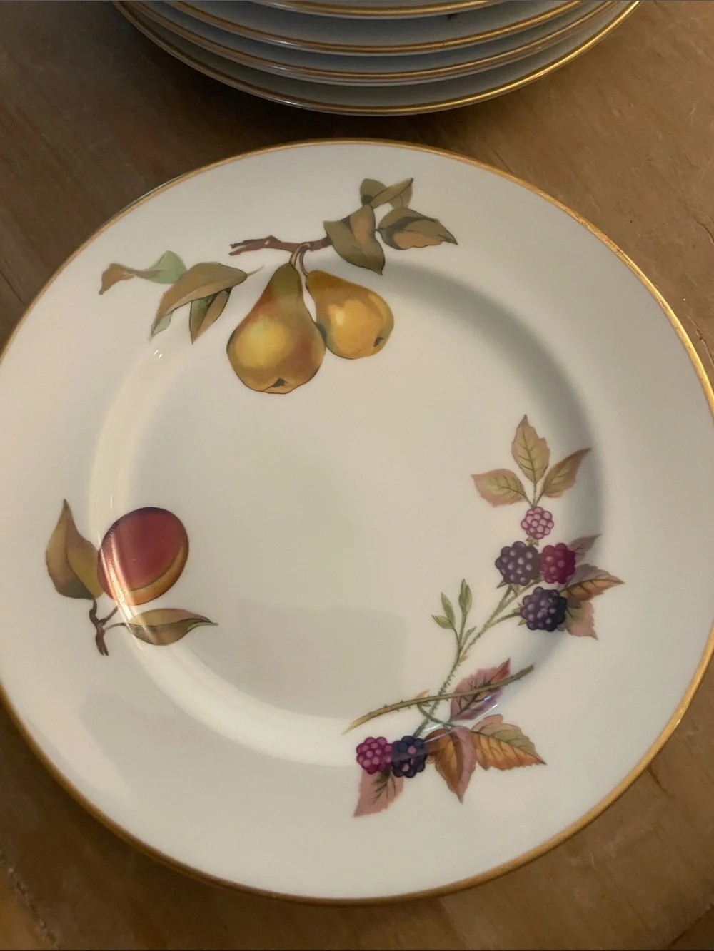 Royal Worcester Evesham White Salad Plates with Gold Rim and Fruit Motif  8.5(8)